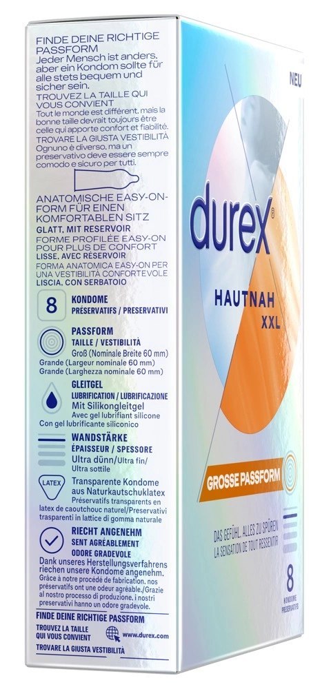Durex Hautnah Classic XXL 8szt - ultracienkie lateksowe prezerwatywy, 60mm Durex Hautnah Classic XXL 8szt - ultracienkie lateksowe prezerwatywy, 60mm
