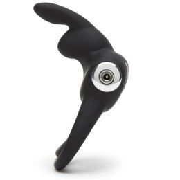 Happy Rabbit Black - silikonowy pierścień wibrujący z 2 pętlami, USB