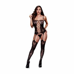 Baci Bodystocking Corset Front z Kwiatowym Motywem One Size Czarny