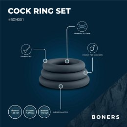 Boners 3‑Piece Cock Ring Set silikonowy zestaw 3 pierścieni erekcyjnych szary
