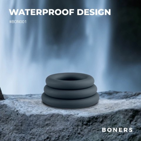 Boners 3‑Piece Cock Ring Set silikonowy zestaw 3 pierścieni erekcyjnych szary