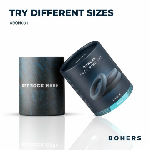 Boners 3‑Piece Cock Ring Set silikonowy zestaw 3 pierścieni erekcyjnych szary