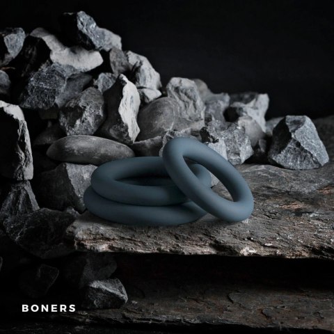 Boners 3‑Piece Cock Ring Set silikonowy zestaw 3 pierścieni erekcyjnych szary