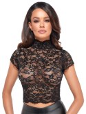 Noir Top Koronkowy Kwiatowy Czarny M - Elastyczny Crop z Stojką
