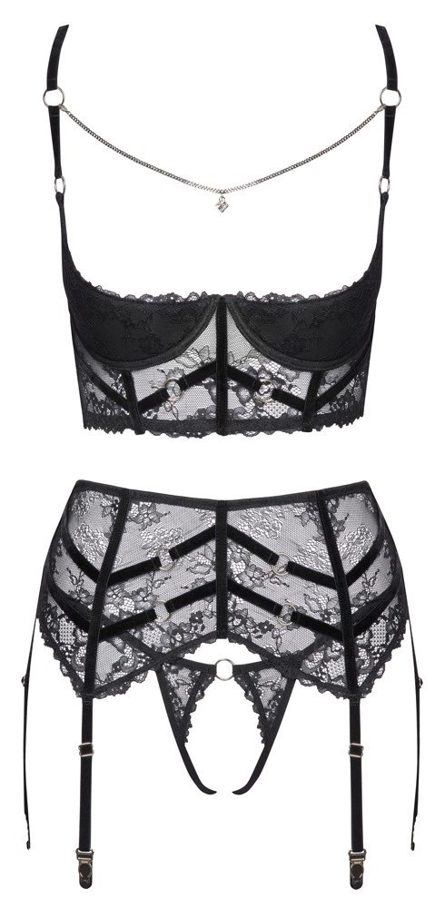 Cottelli Lingerie komplet koronkowy 3-częściowy czarny 90B/XL Cottelli Lingerie komplet koronkowy 3-częściowy czarny 90B/XL