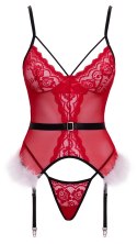 Cottelli Lingerie X-Mas Basque S/M - czerwony komplet z koronką i piorami