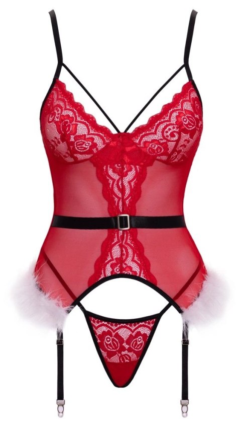 Cottelli Lingerie X-Mas Basque S/M - czerwony komplet z koronką i piorami