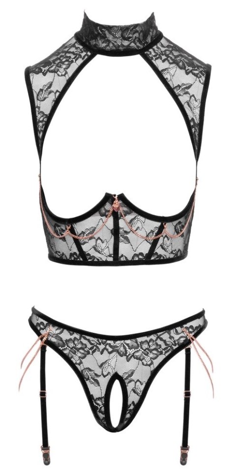 Abierta Fina Open Cup Set M czarny koronkowy z ozdobnymi łańcuszkami