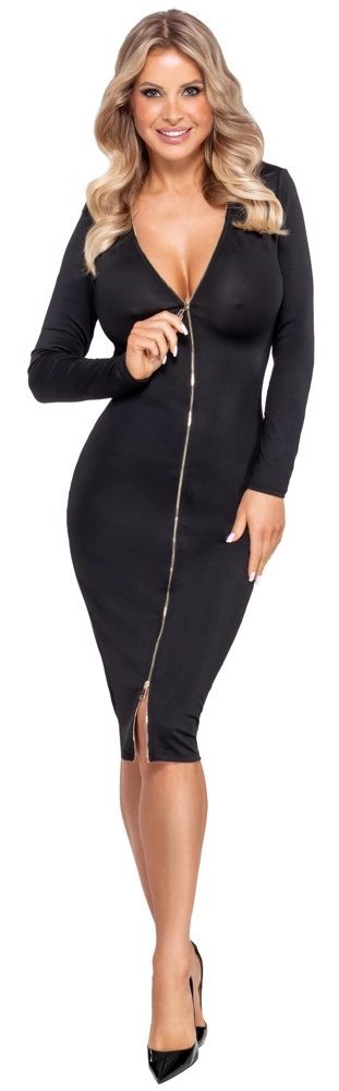 Cottelli Party Sukienka Zip M Czarna, dopasowana, długi rękaw, złoty zamek
