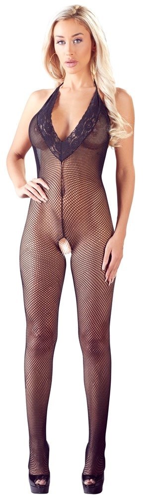 Cottelli Collection Net Catsuit S-L z koronką, czarny, otwarty tył