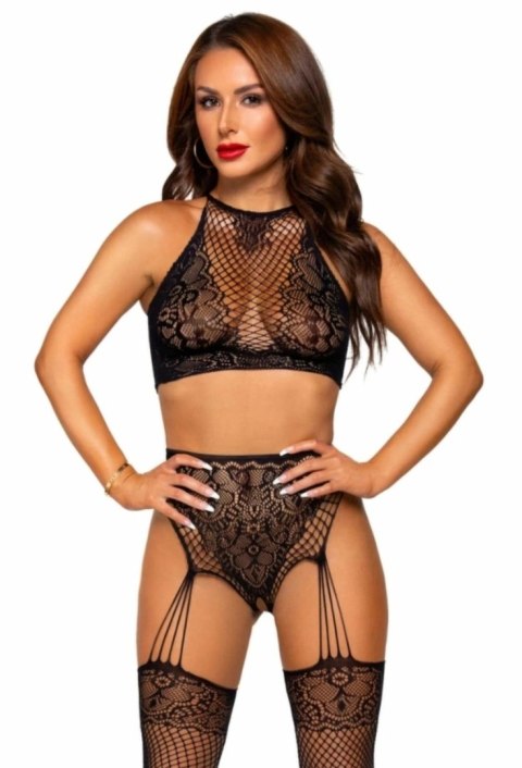 Leg Avenue Body koronkowy z paskami do pończoch czarny One Size