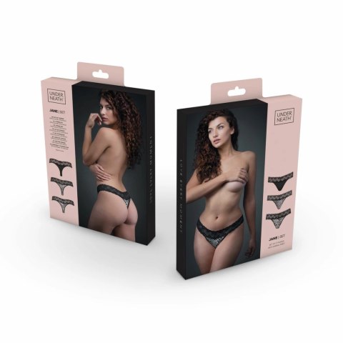 Underneath Jane zestaw 3 kompletow stringow, elastyczne, czarne L/XL