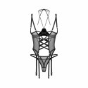 Obsessive Dominna Czarny Gorset Wetlook z Paskami i Stringami Open S/M