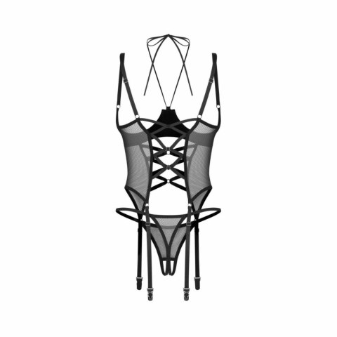 Obsessive Dominna Czarny Gorset Wetlook z Paskami i Stringami Open S/M