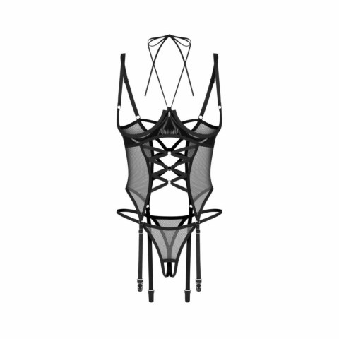 Obsessive Dominna Czarny Gorset Wetlook z Paskami i Stringami Open S/M