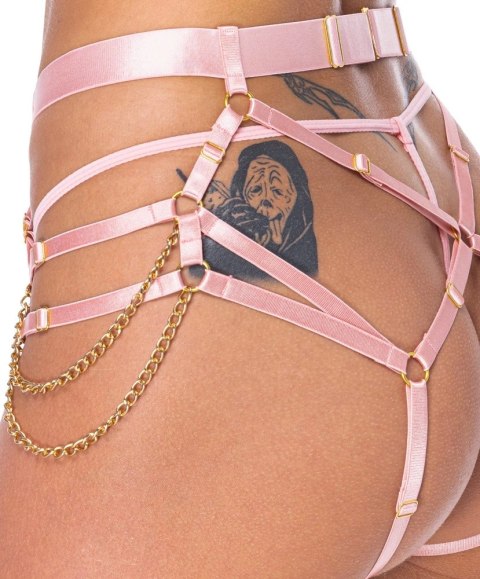 Bad Kitty Harness String rożowy S-L z regulacją i złotymi dodatkami