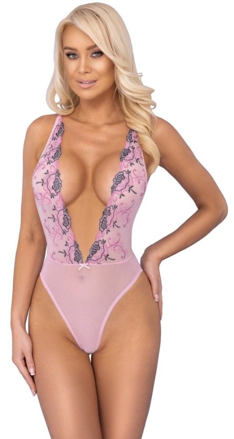 Kissable Body S/M z haftem kwiatowym, rożowy, regulowane ramiączka