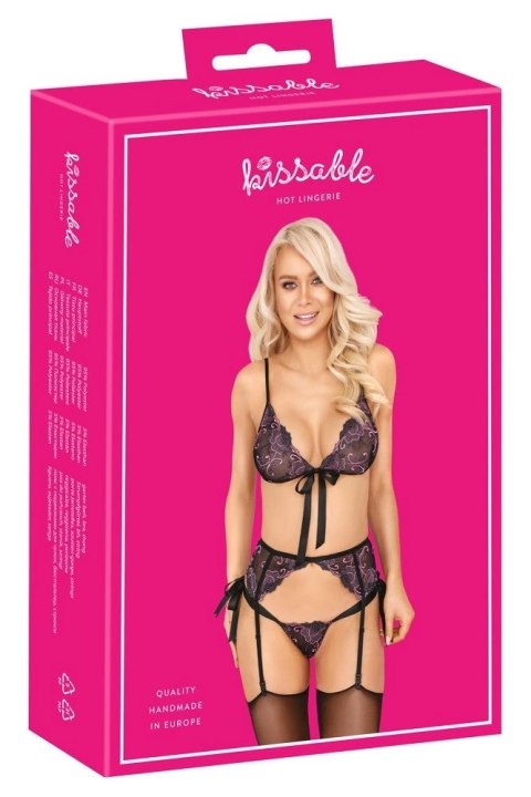 Kissable Komplet Bielizny Haftowanej S/M Czarny z Rożowym Haftem