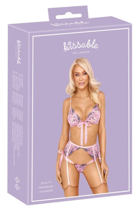 Kissable Komplet Bielizny Haftowanej S/M - Kwiatowy Motyw, Rożowy