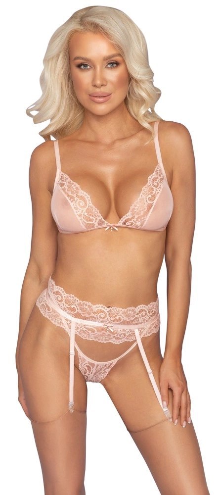 Kissable Komplet bielizny S/M z pasem do pończoch, rożowy, koronka