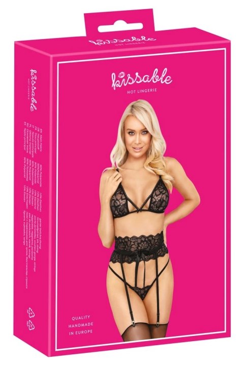 Kissable komplet bielizny z koronką i pasem do pończoch S/M czarny