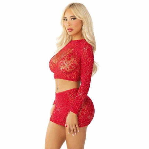 Leg Avenue komplet Crop Top i Mini Spodnica siateczka czerwona brokat