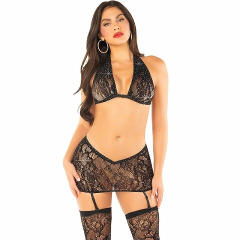 Leg Avenue komplet top, spodnica i pończochy z kryształkami czarny one size