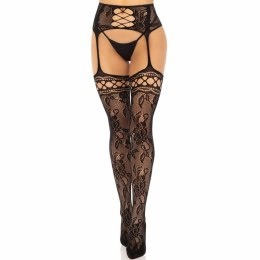 Leg Avenue Pończochy ze szwem, czarne, kwiatowa koronka, One Size