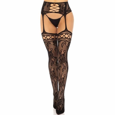 Leg Avenue Pończochy ze szwem, czarne, kwiatowa koronka, One Size