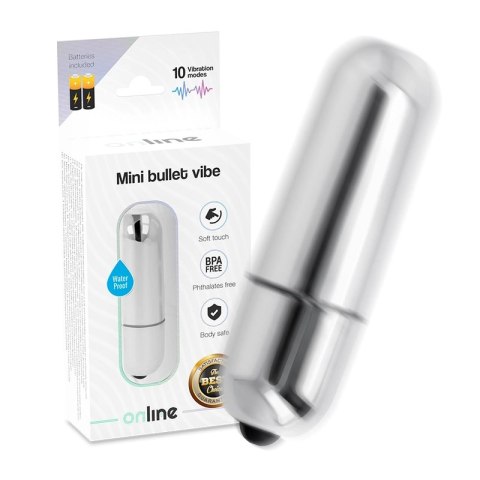 ONLINE Mini Bullet Vibe Srebrny - Kompaktowy Wibrujący Moduł 10 Trybow
