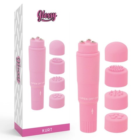 Glossy Kurt Mini Masażer Kieszonkowy Rożowy 4 Głowice ABS 10,7cm