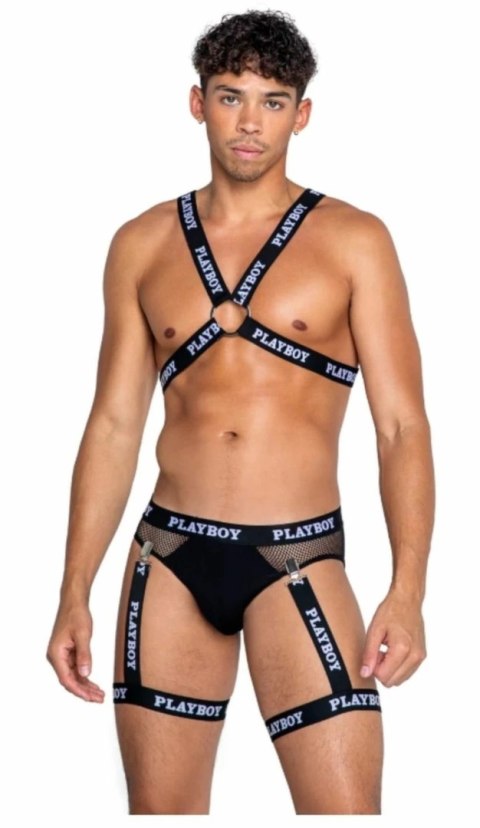 Playboy Lingerie Mens Dark Room Set z Szelkami i Siateczką, Czarny