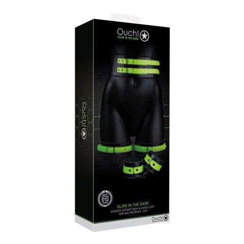 Ouch! Glow in the Dark kajdanki na uda z paskiem S/M, świecące, zielone Ouch! Glow in the Dark kajdanki na uda z paskiem S/M, świecące, zielone