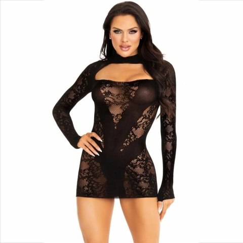 Leg Avenue Sukienka Mini Koronkowa Czarna z Długim Rękawem One Size