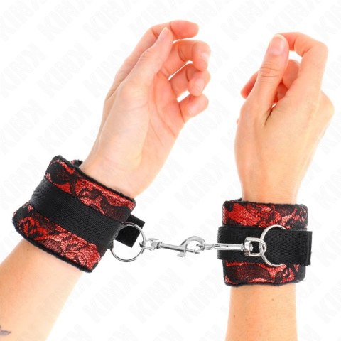 KINK Krotkie zapinane opaski na nadgarstki z aksamitu i koronki czerwono-czarne 23x6,5cm