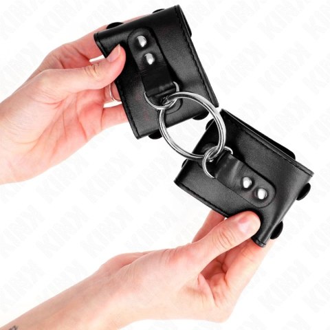 KINK Stalowe regulowane kajdanki na nadgarstki z pierścieniem i ćwiekami, czarne 17-22 cm