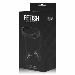 Fetish Submissive Ring Gag z zaciskami na piersi, skora wegańska