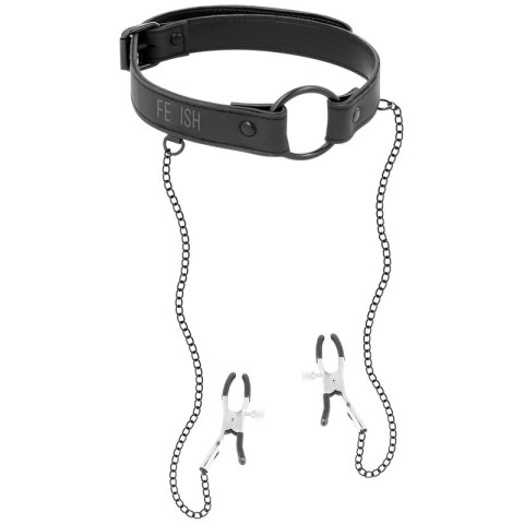Fetish Submissive Ring Gag z zaciskami na piersi, skora wegańska