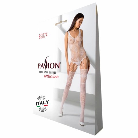 Passion BS074 kostium jednoczęściowy biały z motywem koronkowym One Size