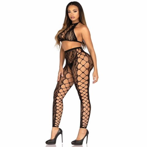 Leg Avenue Crop Top & Open Crotch Tights Black - Dwuczęściowy Komplet z Koronką