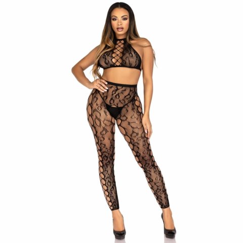 Leg Avenue Crop Top & Open Crotch Tights Black - Dwuczęściowy Komplet z Koronką