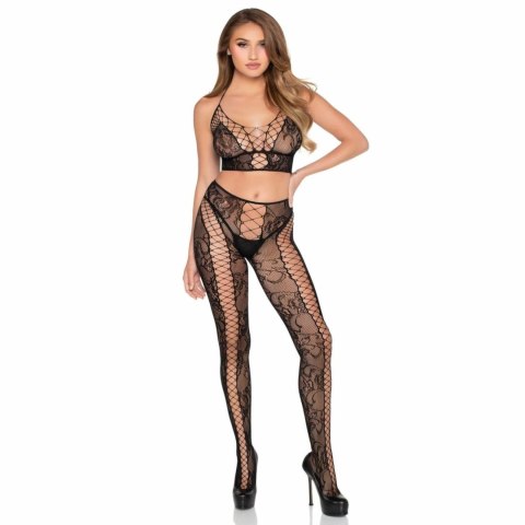 Leg Avenue Lace Crop Top & Tights Black - komplet z koronką i siateczką
