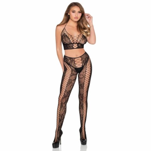 Leg Avenue Lace Crop Top & Tights Black - komplet z koronką i siateczką