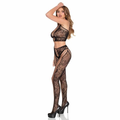 Leg Avenue Lace Crop Top & Tights Black - komplet z koronką i siateczką