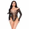 Leg Avenue Lace Teddy Black - koronkowe body z długim rękawem