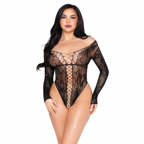 Leg Avenue Lace Teddy Black - koronkowe body z długim rękawem