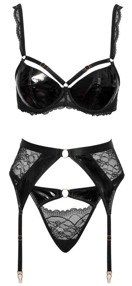 Cottelli LINGERIE Zestaw bielizny 3-częściowy 75B/S czarny z koronką i winylem