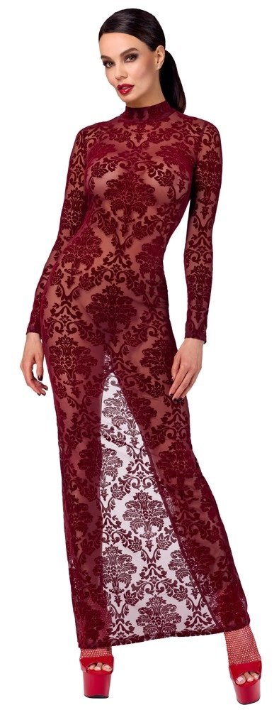 Noir Handmade Kink Royal długa sukienka XL burgund z aksamitnym wzorem