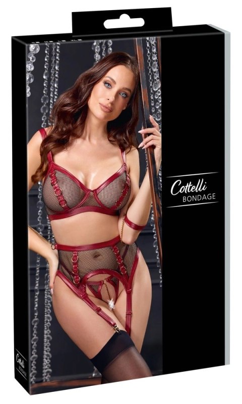 Cottelli BONDAGE Bra Set M - Komplet z siateczki i matowej tkaniny, czarno-czerwony