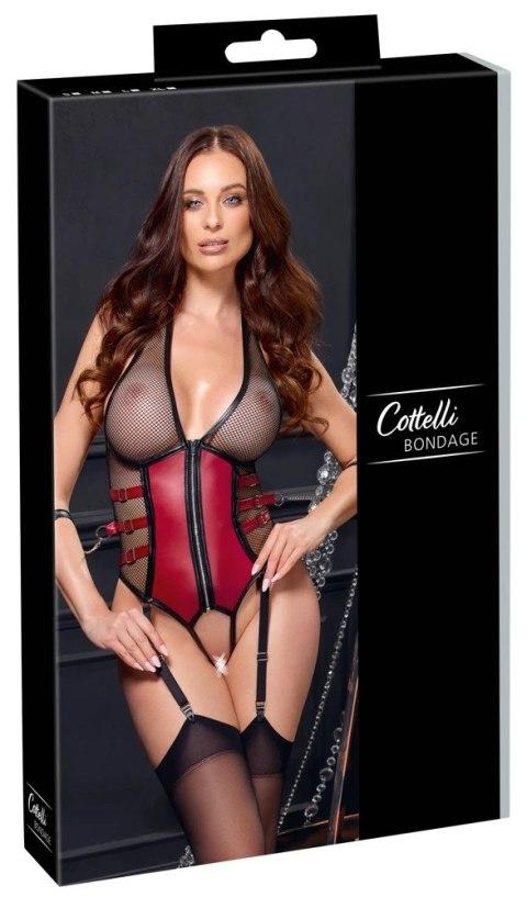 Cottelli Body Bondage S - czarno-czerwony body z pasami i kajdankami